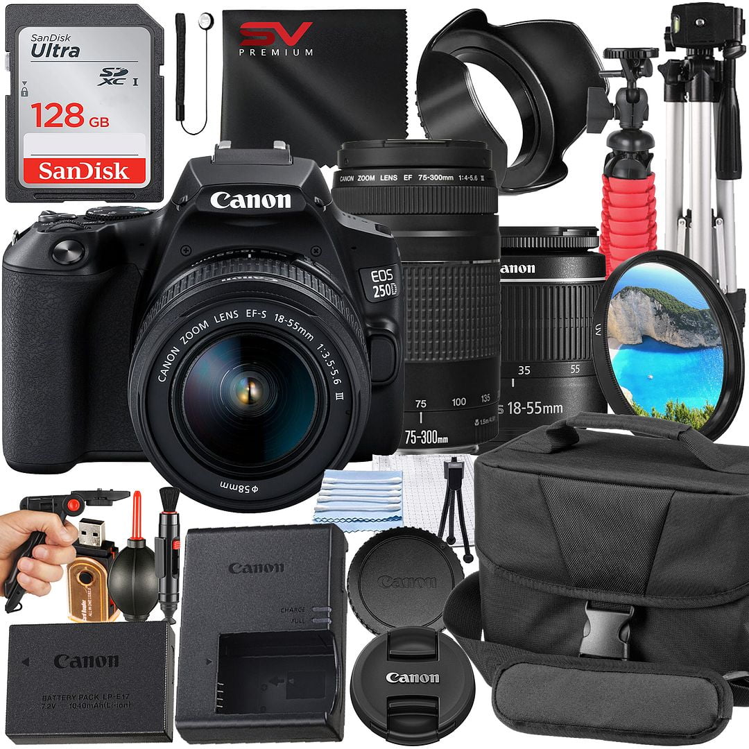 Canon EOS 250D / Rebel SL3 DSLR Camera Bundle with 18-55mm + 75-300mm Zoom Lens + 128GB SanDisk Card + Case + Tripod + SV Premium Accessory