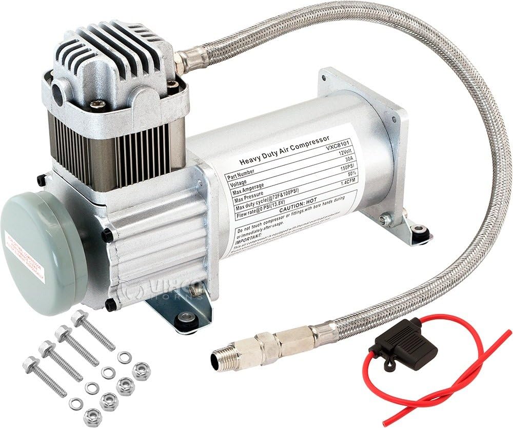 Vixen Horns Heavy Duty Onboard Air Compressor 150 PSI. Universal Replacement for Truck/Car Train Horn/Suspension/Ride/Bag kit/System. Fits All 12v Vehicles Like Semi/Pickup Trucks/Jeep VXC8101