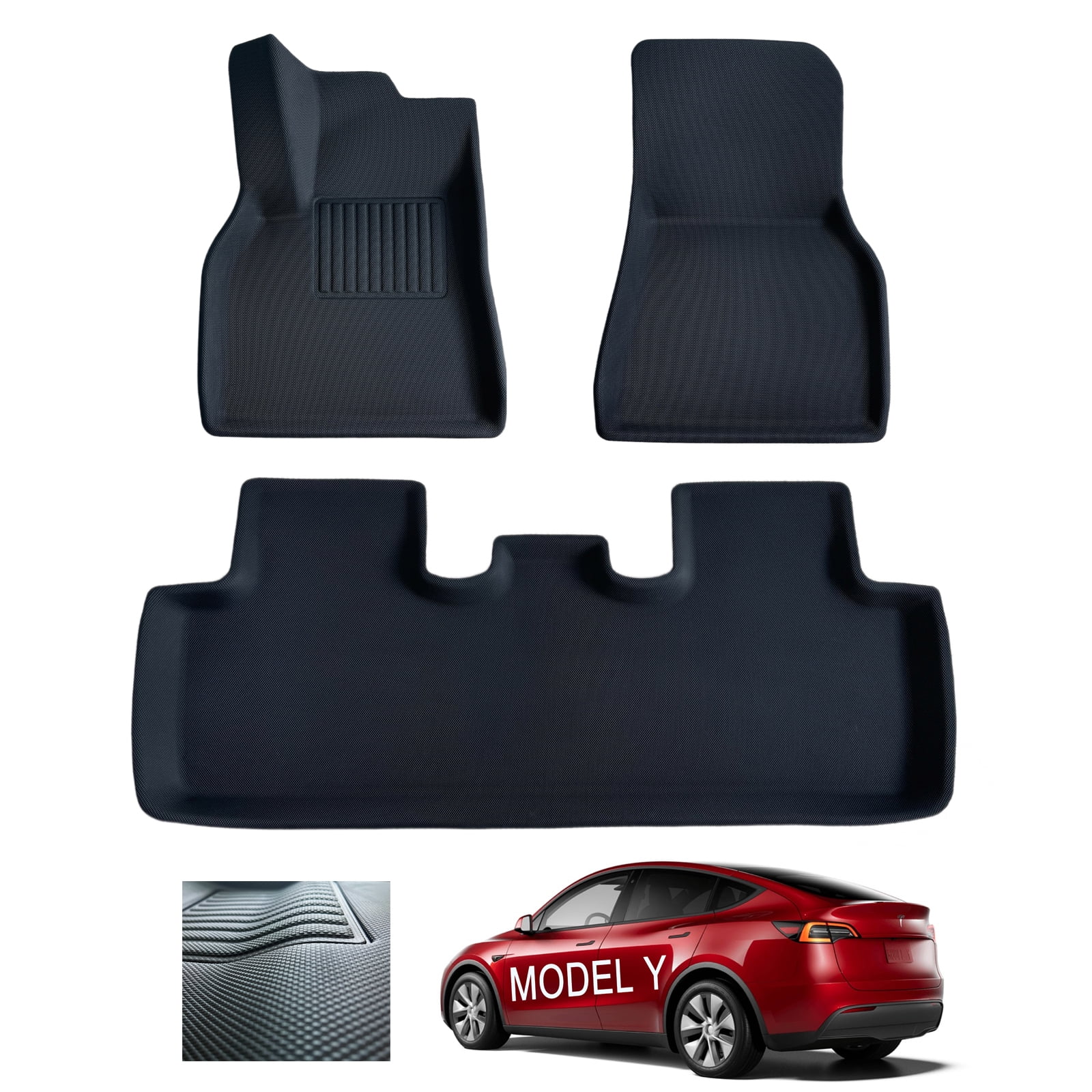 XPE Floor Mats for Tesla Model Y 2021- 2023 - All Weather Premium 3D Waterproof  Tesla Model Y Mats - 3 Pcs per Set (1st and 2nd Row)
