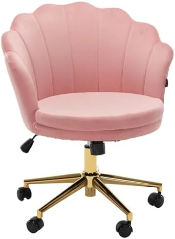 RUNFAYBIU Velvet Swivel Vanity Chair with High Backrest  Chair Upholstered Desk Chair with Wheels Adjustable Seashell Back Home Office Chair for Living Room Bedroom   Office  Pink
