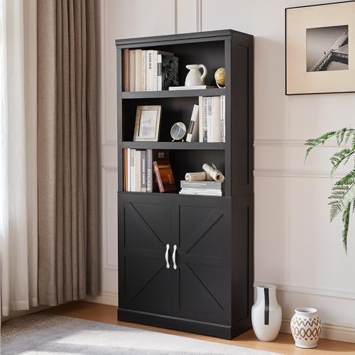 Farmhouse Bookshelves and Bookcases with Doors, Floor Standing 5 Shelf Display Storage Shelves, 69 in Tall Bookcase for Home Office, Living Room, Brown