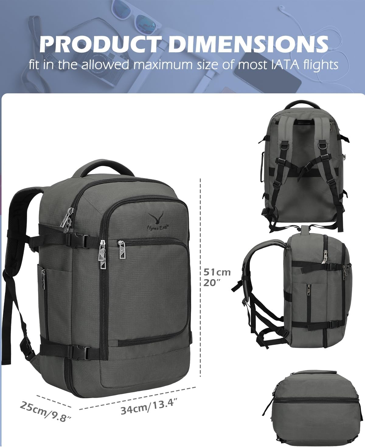 Hynes Eagle Travel Backpack 40L Flight Approved Carry on Backpack Men Large Cabin Weekender Laptop Backpack Women 15.6 inches Blue with Grey