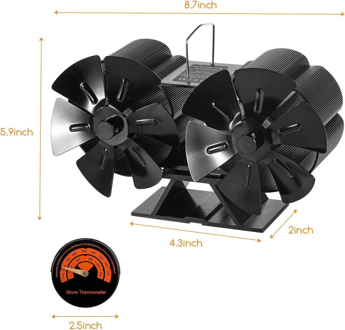 Jahy2Tech 12-Blade Dual Head Heat Powered Wood Stove Fan Fireplace Furnace Air Blower with Magnetic Thermometer