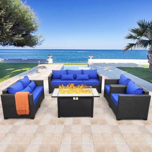 Rattaner Patio Furniture Set 5 Pieces Outdoor Furniture Sets Patio Couch Outdoor Chairs Coffee Table Peacock Blue Anti-Slip Cushions and Waterproof Covers