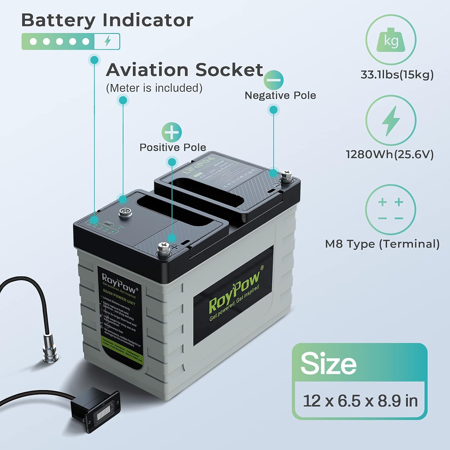 RoyPow 24V 50Ah Lithium Iron Phosphate Battery Rechargeable LiFePO4 Battery Pack, 5000-8000 Life Cycles| 5-year Warranty| BMS for Truck Air Conditioner, RV, Solar, Marine, Floor Scrubber
