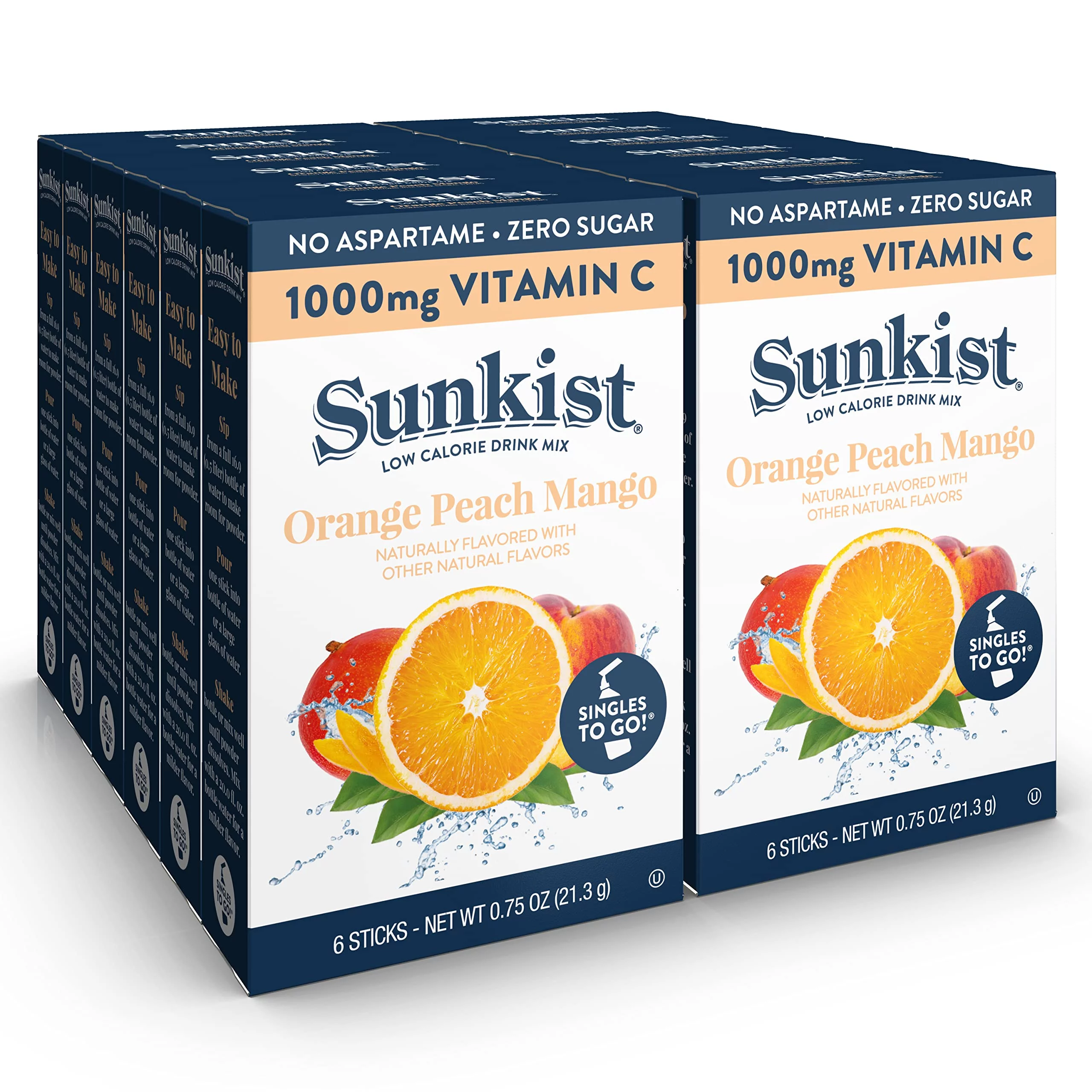 Sunkist Singles To Go Drink Mix Packets, Orange Peach Mango, 6-Count Per Box – Powdered Drink Packets With 1000Mg Of Vitamin C Per Serving, Refreshing Low Calorie, Zero Sugar Water Enhancers, , 7