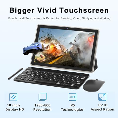 Tablet 10 Inch Android Tablet, 2 in 1 Tablets, Include Keyboard Mouse Case Stylus, 64GB ROM+8GB RAM 1TB expandable 2MP+8MP Dual cameras, 5G WIFI-6 Bluetooth 6000mAh Battery 10.1