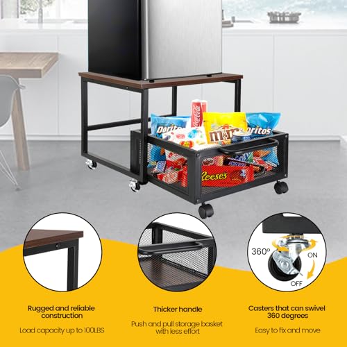 Mini Fridge Stand with Large Storage Capacity and Wheels, Mini Fridge Table, Removable Mini Fridge Cart, Small Fridge Stand Suitable for Kitchen, Bedroom, Office, Dormitory, Etc, Retro