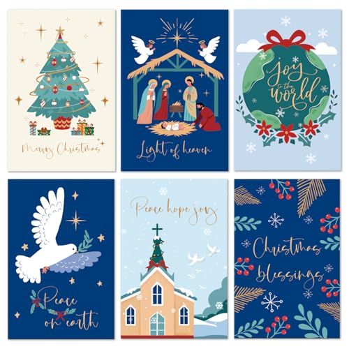 24 Pack Christian Christmas Cards, Religious Holiday Card Set with 6 Designs (Printed Blessings Inside), Boxed Christmas Greeting Cards for Church, Pastors, Friends & Family