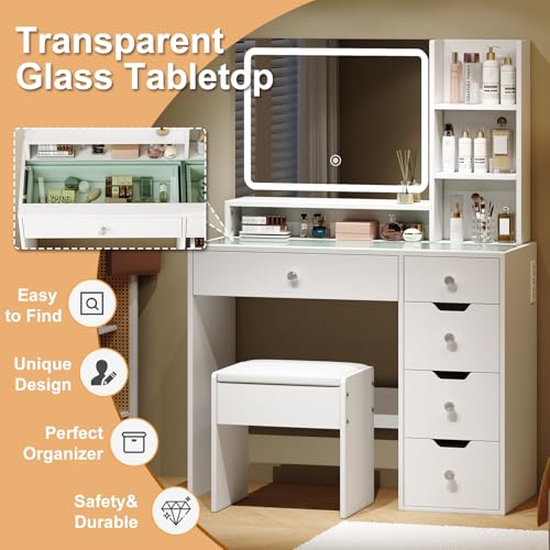 Vanity Desk with Mirror and LED Lights, 35.4