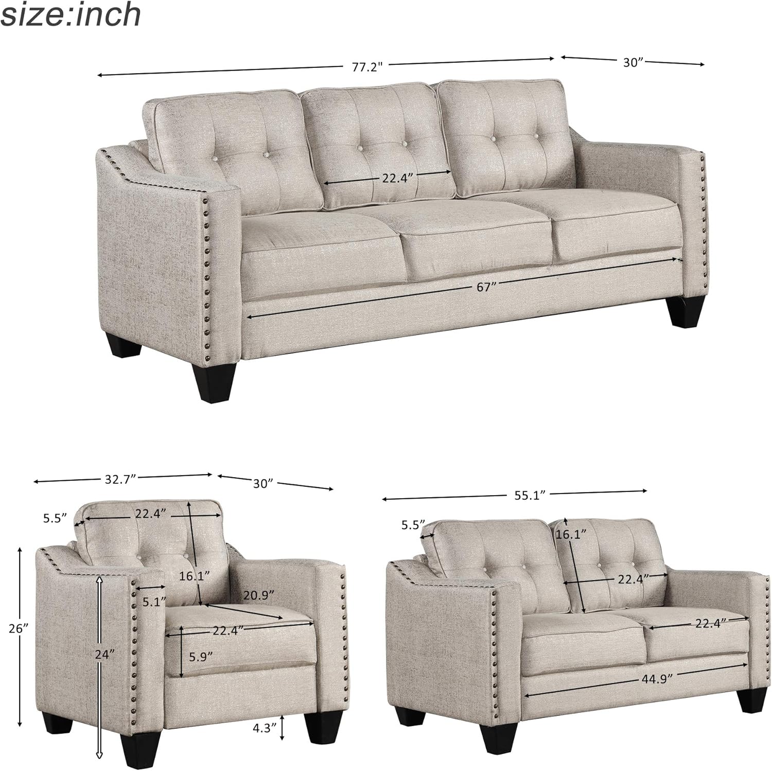 FANYE 3 Pieces Living Room Furniture Sets Include, Loveseat and Armchair, Linen Fabric Upholstered Sectional Classical Rivets Decor and Tufted Back Cushions, Sofa & Couch, 1, Beige 77.2