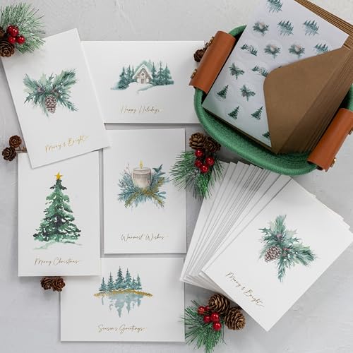 ZICOTO Beautiful Christmas Cards Set of 20 with Watercolor Designs - Incl. Bulk Envelopes, Matching Stickers And Storage Box - Perfect to Send Warm Holiday Wishes to Friends and Family