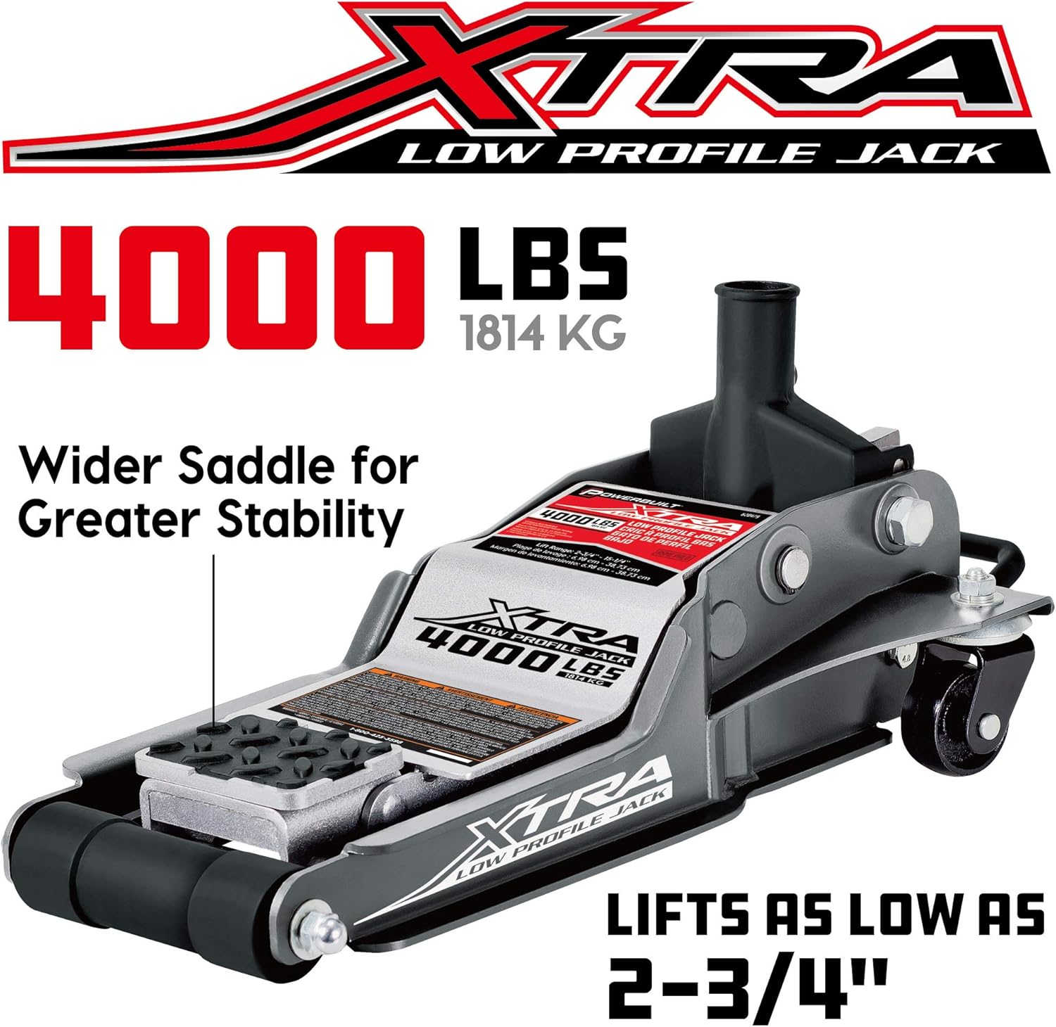 Powerbuilt Xtra Low Profile Floor Vehicle Jack with Safety Bar, Extra Low Car Jack - 2 Ton Load Capacity 620479E, Silver