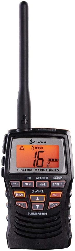 Cobra MR HH350W FLT Handheld Floating VHF Radio – 6 Watt, Submersible, Noise Cancelling Mic, Backlit LCD Display, NOAA Weather, Memory Scan, White