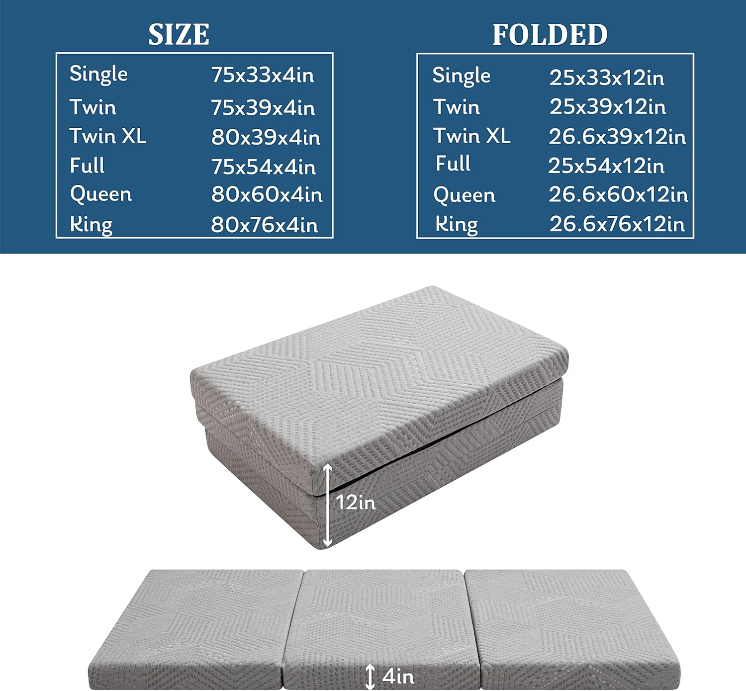Folding Mattress 4 Inch Tri Folding Memory Foam Mattress, Portable Trifold Mattress Topper with Breathable & Washable Cover, Foldable Floor Mattress Guest Bed for Camping, Travel, King