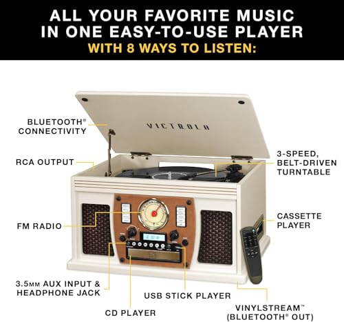 Victrola Navigator 8-in-1 Bluetooth Record Player with Built-in Speakers– 3 Speed Turntable, CD Player, Cassette, FM Radio, USB, RCA Out, Headphone Jack, Wireless Music Streaming, Real Wood (Mahogany)