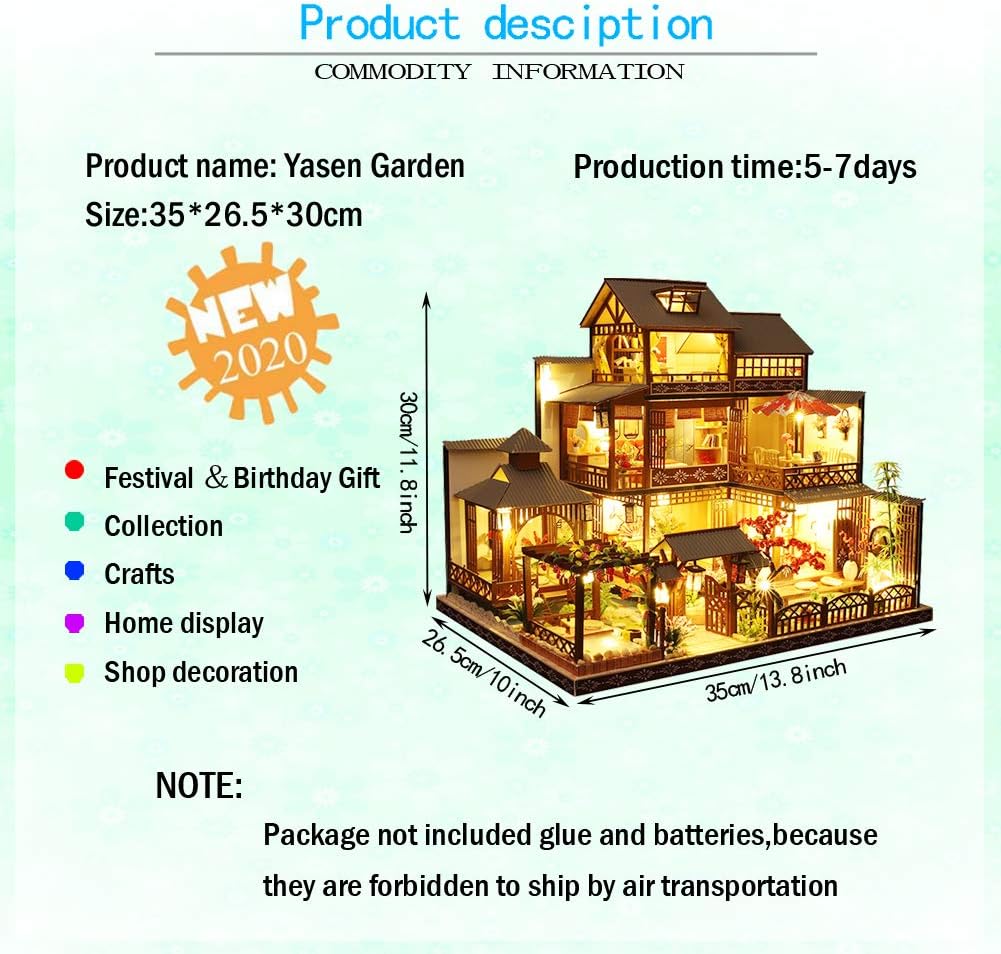 WYD 3-Story Japanese-Style Villa Model Japanese Style Wooden Assembled Dollhouse Kit Puzzle Toys Furniture Kits LED Light House Gift for Friends Parents Children