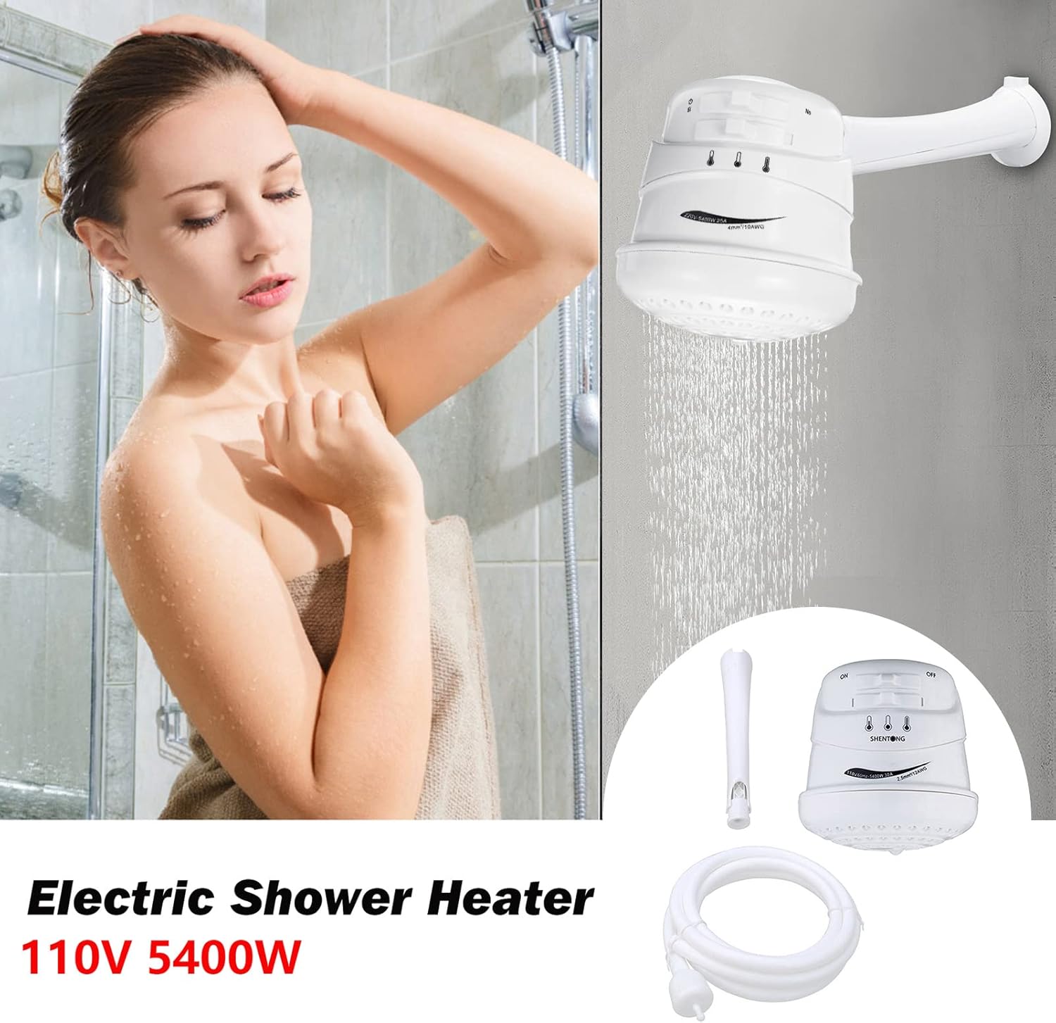 Electric Shower Head Heater with Bracket , TWSOUL 110V 5400W Automatic Electric Instant Hot Water Shower Head Heater Pack of 2