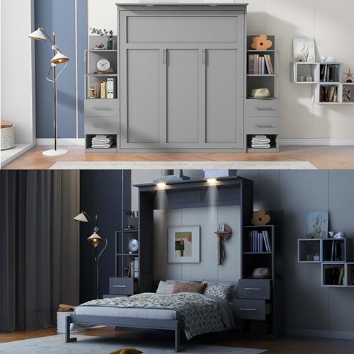 Harper & Bright Designs Gray Queen Murphy Bed with Storage Shelves, Drawers and LED Light, Cabinet Queen Bed with Flexible Slats Support, Wood Foldable Wall Bed Frame for Home Office Studio
