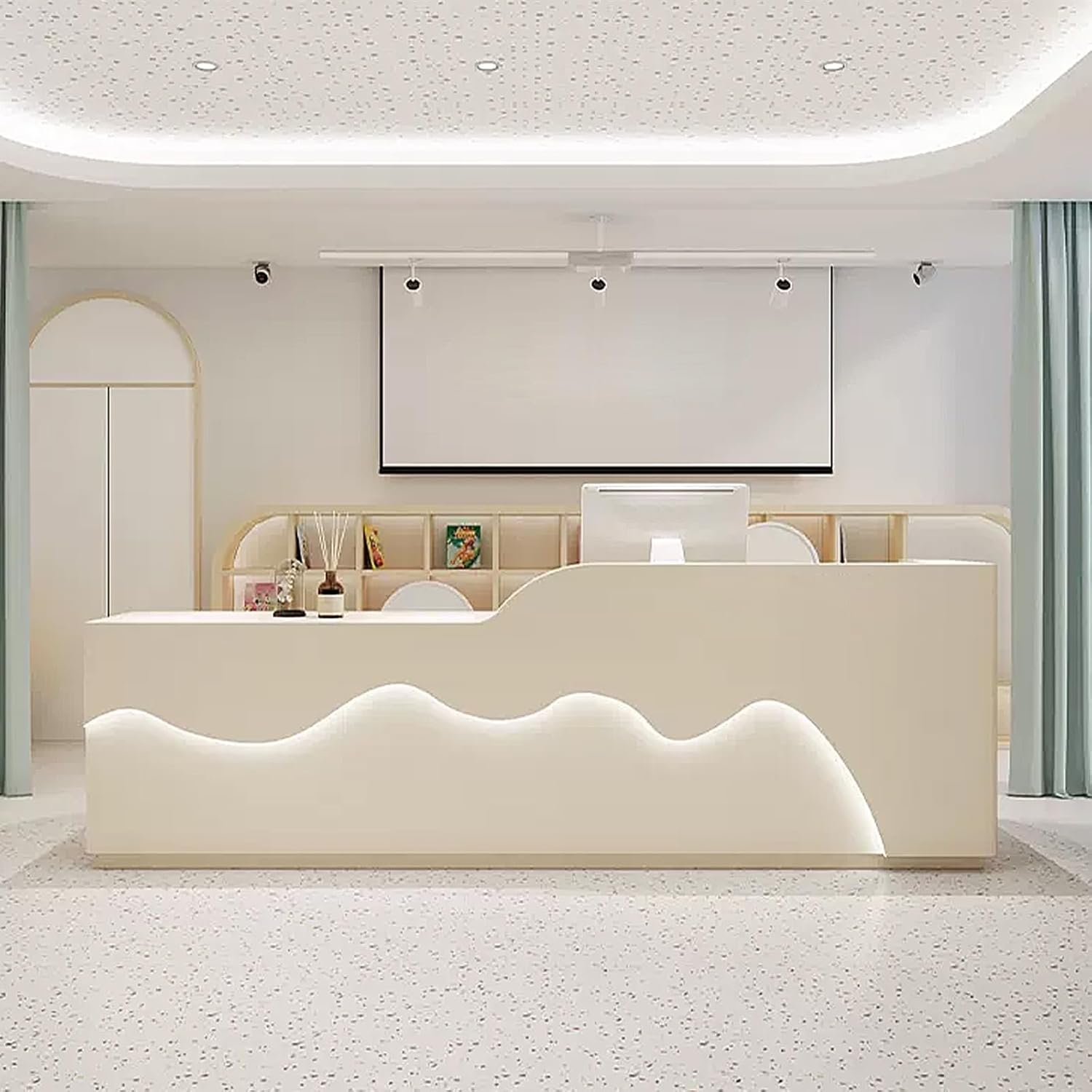 Modern Reception Desk - Custom Logo & LED Light | Front Table Equipped Lockers & Storage Shelves, Front Desk Reception Room Table for Checkout, Lobby, Salon, Retail, Store Shop Clinic Office (64'')