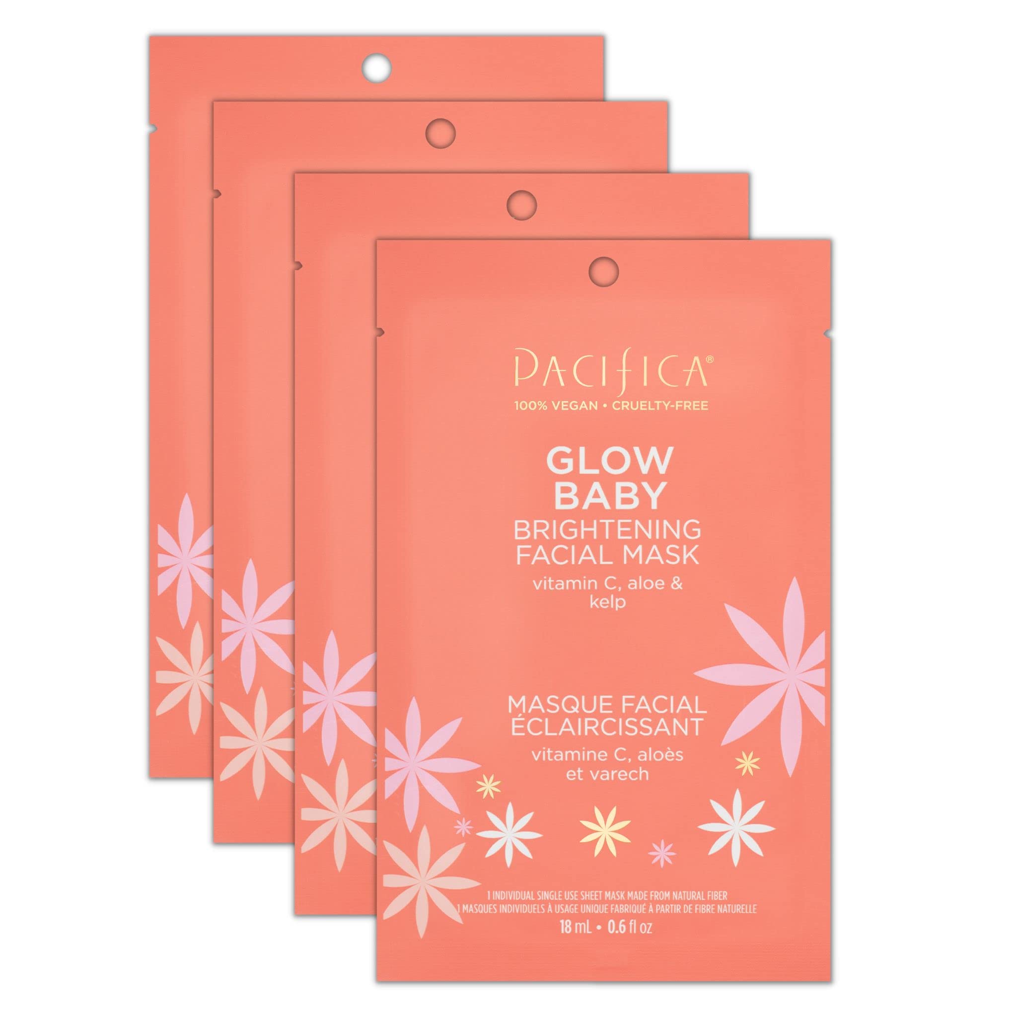 Pacifica Beauty, Glow Baby Brightening Face Mask, Sheet Mask, Skincare, Vitamin C, Aloe, Kelp, Brightening, Glowing Skin, Dullness, Fine Lines, Dark Spots, Dry Skin, Vegan & Cruelty Free