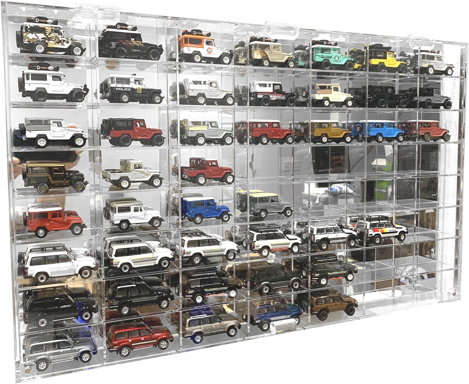 Hot 56 Compartment 1/64 Scale Toy Cars Wheels Matchbox Display Case Stand Wall Diecast Model Car Cabinet w/Door -AHW64-56