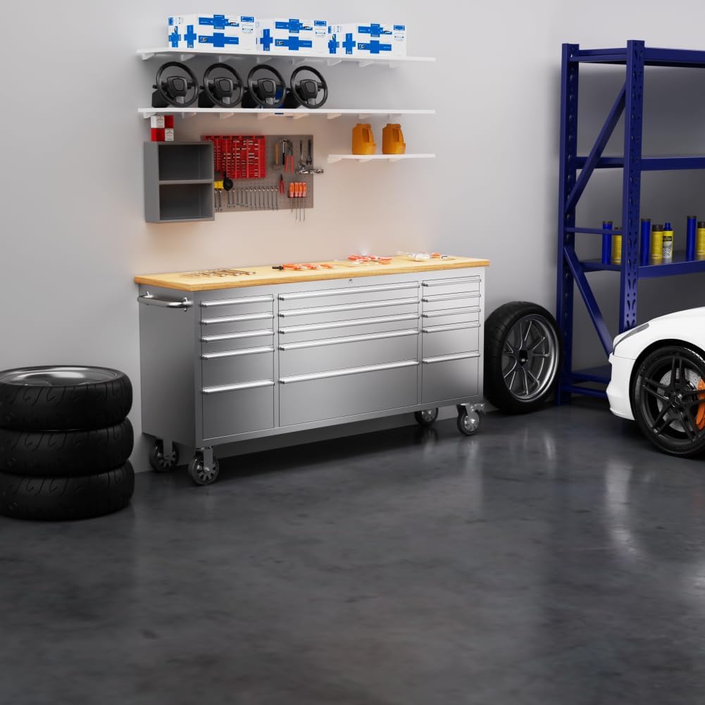 72-inch Stainless Steel Rolling Tool Chest with 15 Drawers, Lockable Mobile Storage Cabinet for Garage, Workshop, and Home