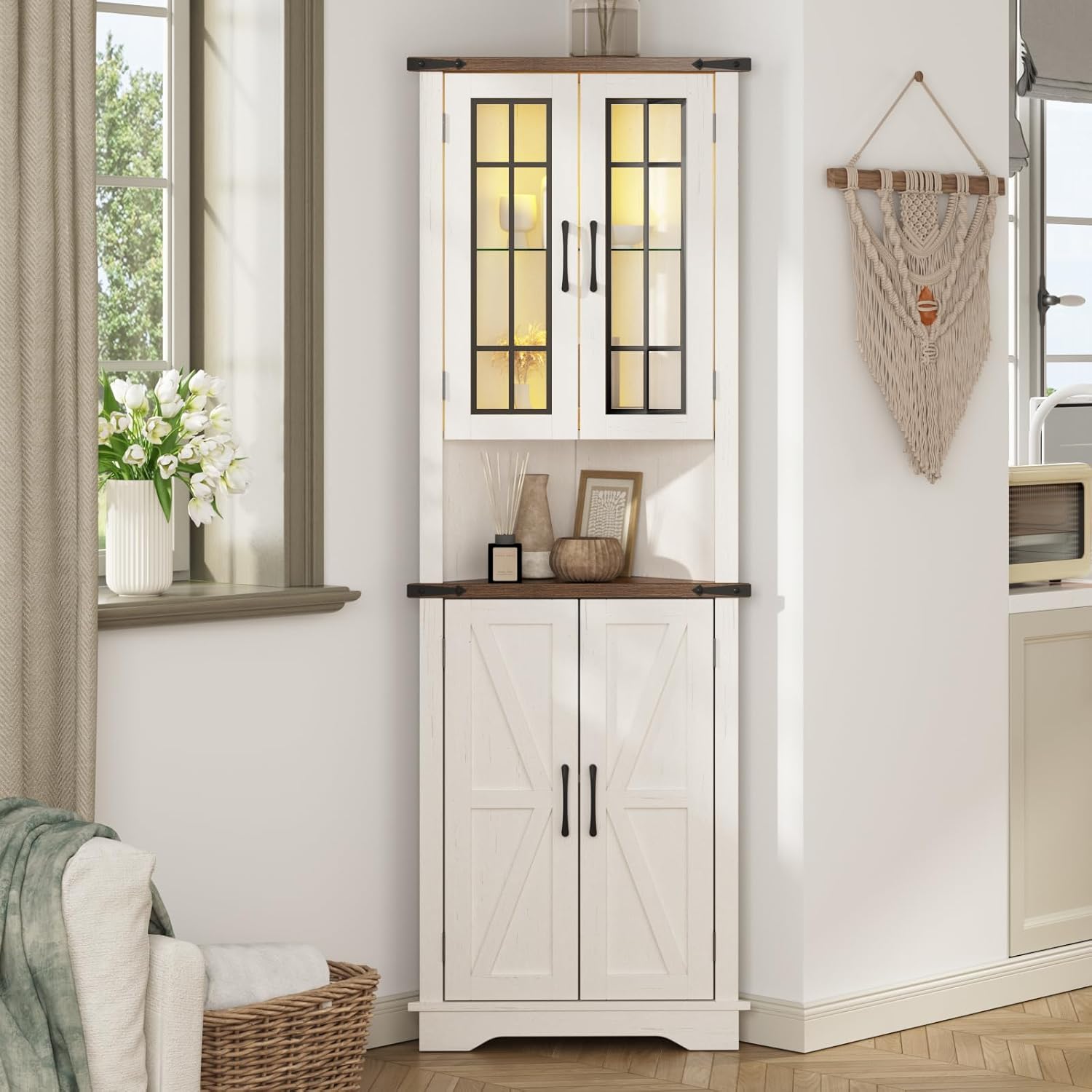 Corner Cabinet Farmhouse with LED Light, Corner Storage Cabinet with Doors for Living Room Kitchen, Bathroom Tall Corner Cabinet with Glass Doors, Antique White & Rustic Oak
