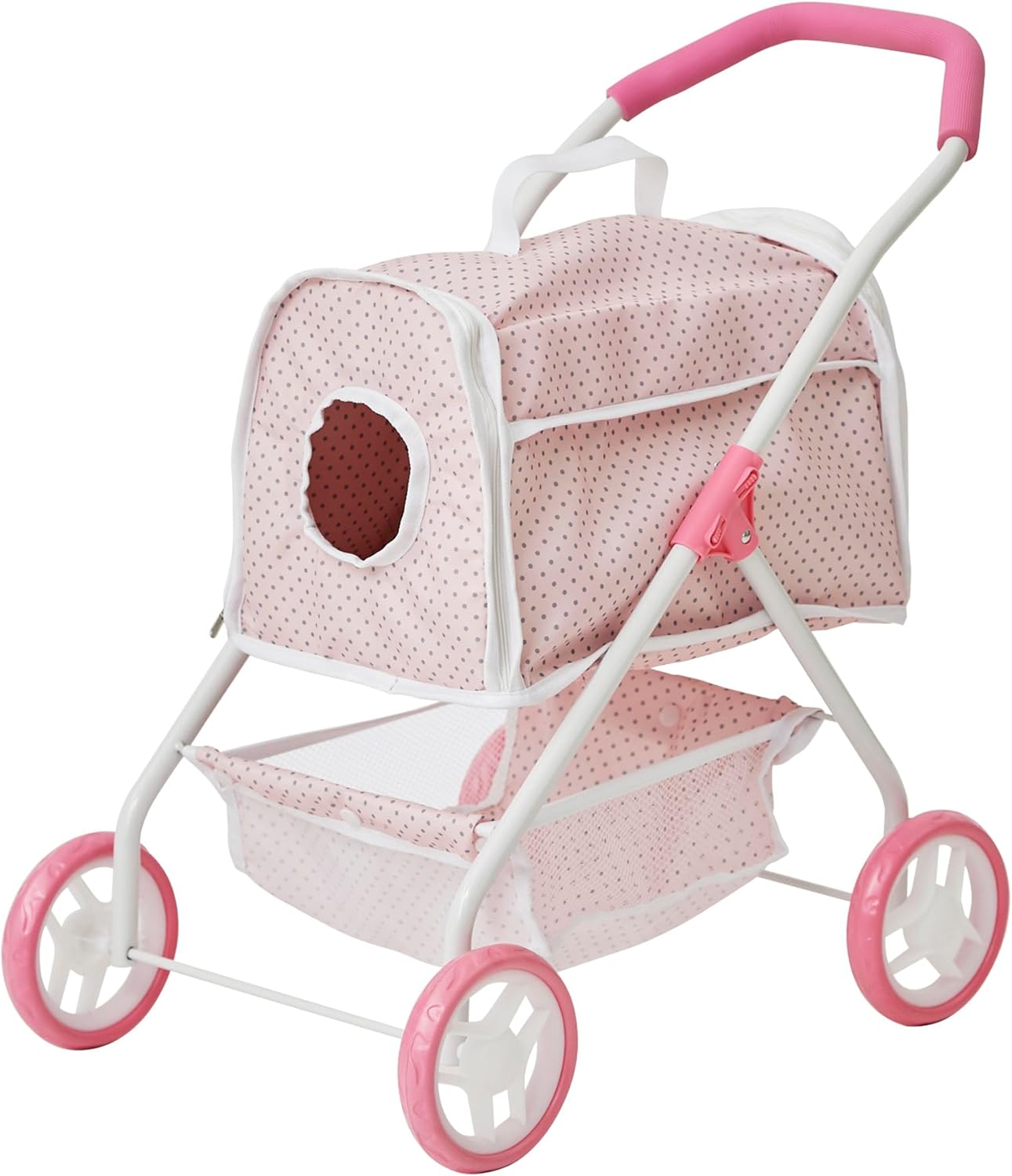 Olivia's Little World Polka Dots Princess Doll Animal Stroller with Detachable Toy Pet Carrier - Pet Doll Pram for 3 yrs and Up - Pink/Gray