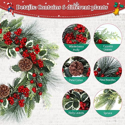 24 Inch Christmas Wreaths for Front Door,Winter Wreaths for Indoor and Outdoor Xmas Decorations,Christmas Door Wreath with Red Christmas Ribbon, Pine Cones for Decor