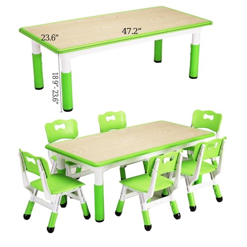 Kids Table and Chairs Set, Height Adjustable Desk with 6 Seats for Ages 2-10,Arts & Crafts Table,Graffiti Desktop, Non-Slip Legs, Max 300lbs, Children Multi-Activity Table for Classrooms,Daycares,Home