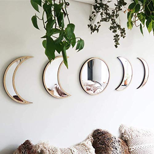 5 pcs Moon Phase Mirror Set Acrylic Wall Decorative Interior Design Wooden Moon Phase Mirror Bohemian Wall Decoration for Home Living Room Bedroom - Not Real Mirror (B)