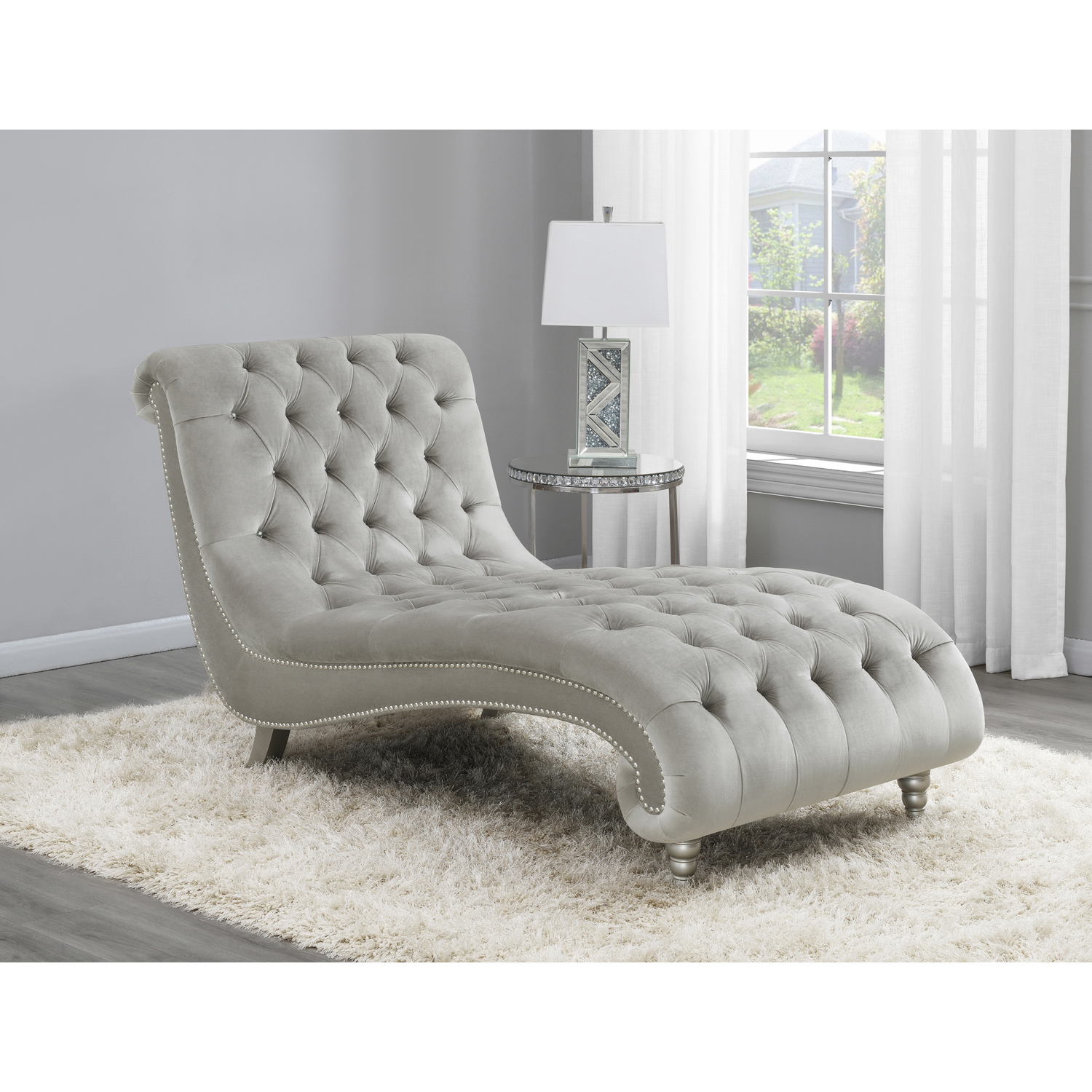Lydia Tufted Cushion Chaise with Nailhead Trim Grey