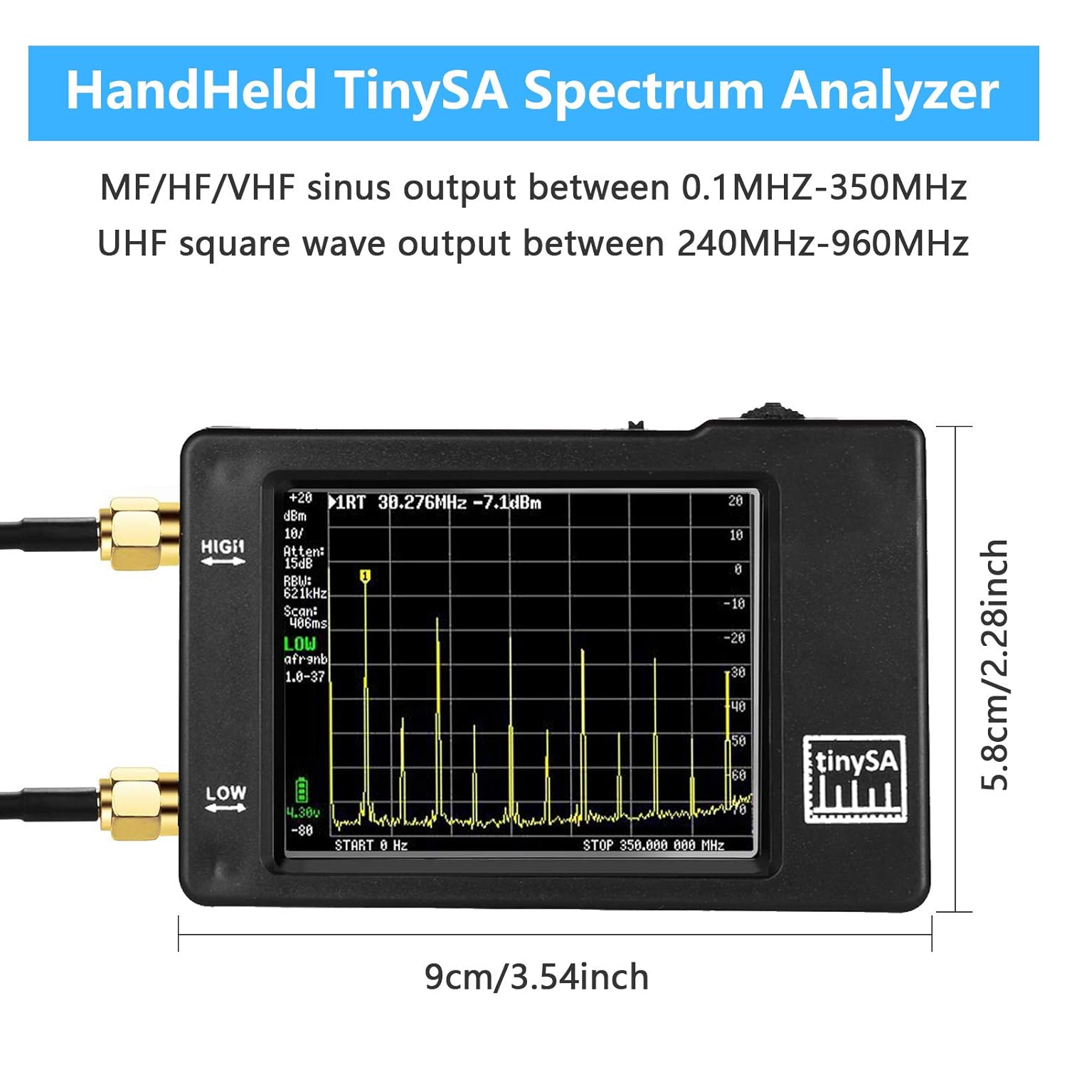 TinySA Spectrum Analyzer Handheld,2.8inch Touchscreen 100KHz-960MHz Portable Frequency Analyzer MF/HF/VHF UHF Input | ESD Protected Function & PC Control | As a Signal Generator