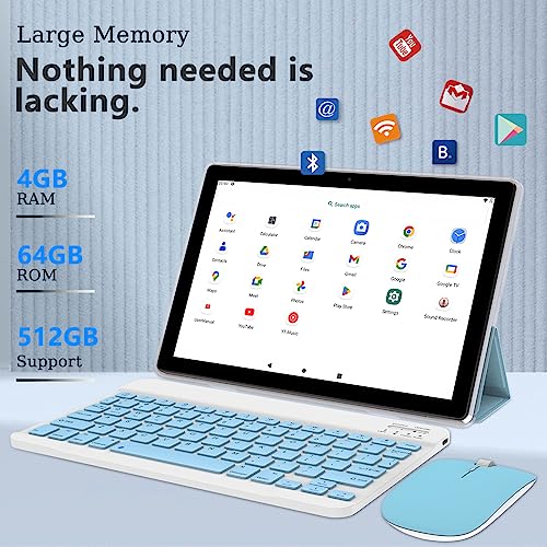 Tablet 10 Inch Android Tablet, 2 in 1 Tablets, Include Keyboard Mouse Case Stylus, 64GB ROM+8GB RAM 1TB expandable 2MP+8MP Dual cameras, 5G WIFI-6 Bluetooth 6000mAh Battery 10.1