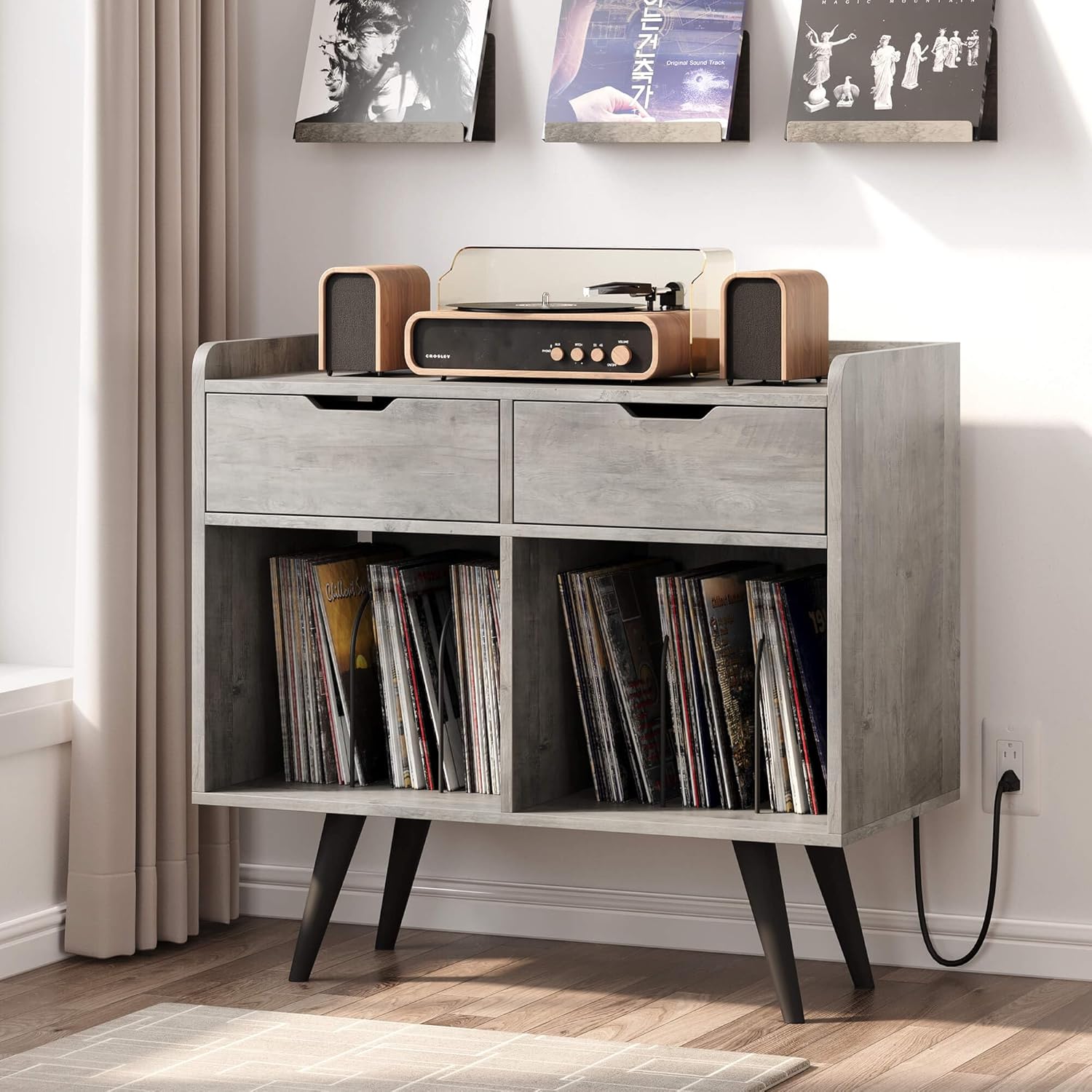 Record Player Stand with Storage, Farmhouse Record Table Cabinet with Power Outlet & Drawers, Large Wooden Turntable Stand for Album in Living Room Bedroom, Gray