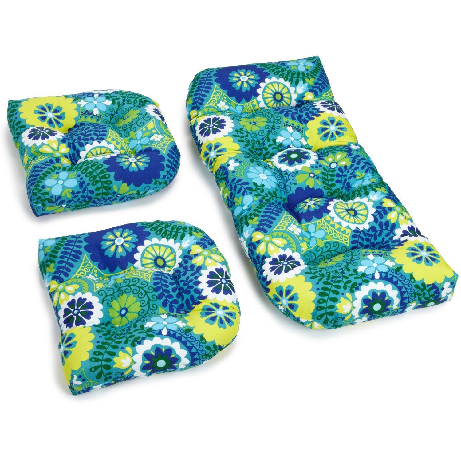 Blazing Needles  U-Shaped Patterned Spun Polyester Tufted Settee Cushion Set, Luxury Azure - Set of 3