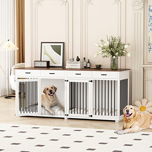 Large Dog Crate Furniture, 86.6 Inch Large Wooden Dog Kennel with Drawers & Divider, Heavy Duty Indoor Furniture Style Dog House with Double Rooms for Large Medium Small Dogs, White