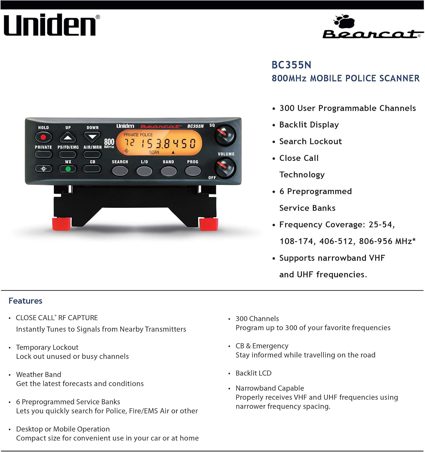 Uniden BC355N 800 MHz 300-Channel Base/Mobile Scanner and RoadPro RPSP-15 Universal CB Extension Speaker with Swivel Bracket