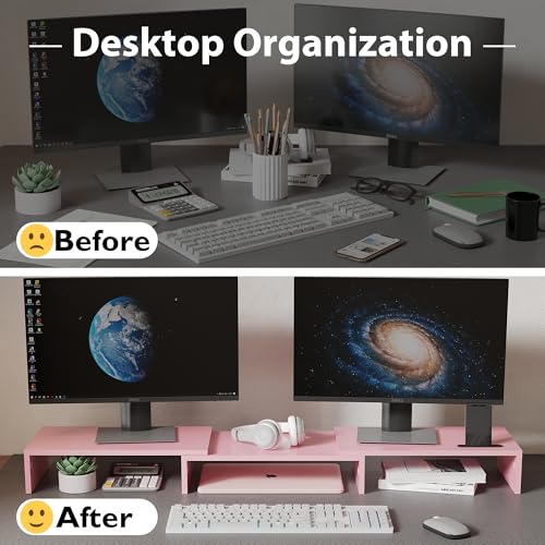 BONTEC Dual Monitor Stand Riser with Smartphone Holder, Adjustable Length & Swivel Angle, Ergonomic Wooden Desktop Organizer for PC Monitor, Laptop, Printer, Large Storage, Black