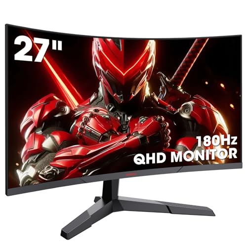 KOORUI 27 inch Gaming Monitor, QHD (2560 x 1440) R1500 180Hz Curved Monitor, AdaptiveSync with 1ms Computer Monitor, VESA Compatible, HDR10, 1 x Display Port 1.4 & 2 x HDMI 2.0, Eye Care 27E6QCA