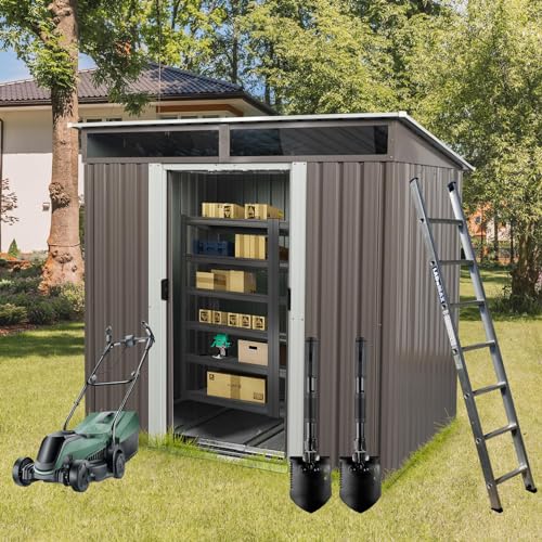 6FT x 5FT Storage Shed with Lockable Door, Outdoor Storage Shed with Transparent Board, Metal Garden Shed Kit with Waterproof Roof and Sturdy Base Plate, Suitable for Backyard, Patio, Gray