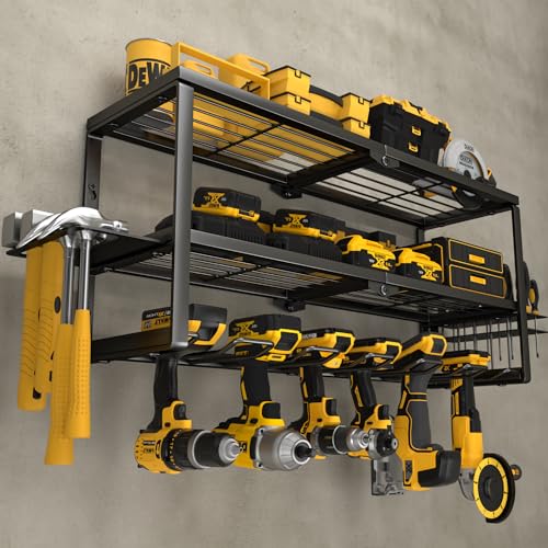 YYR Heavy Duty Power Tool Organizer Wall Mount, Cordless Drill Hanger Storage Rack, Battery Tools Holder with Charging Station Shelf for Garage Organization, Workshop, Pegboard, Shed - 32 Inch 8 Slots