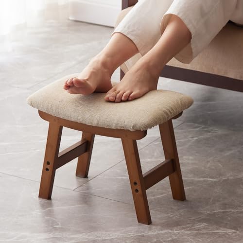 Foot Stool,Ottoman and Footstool,Small Sofa Foot Rest,Bamboo Foot Stool Under Desk,Extra Seating for Living Room, Bedroom and Kitchen (Black stool legs - Beige surface)