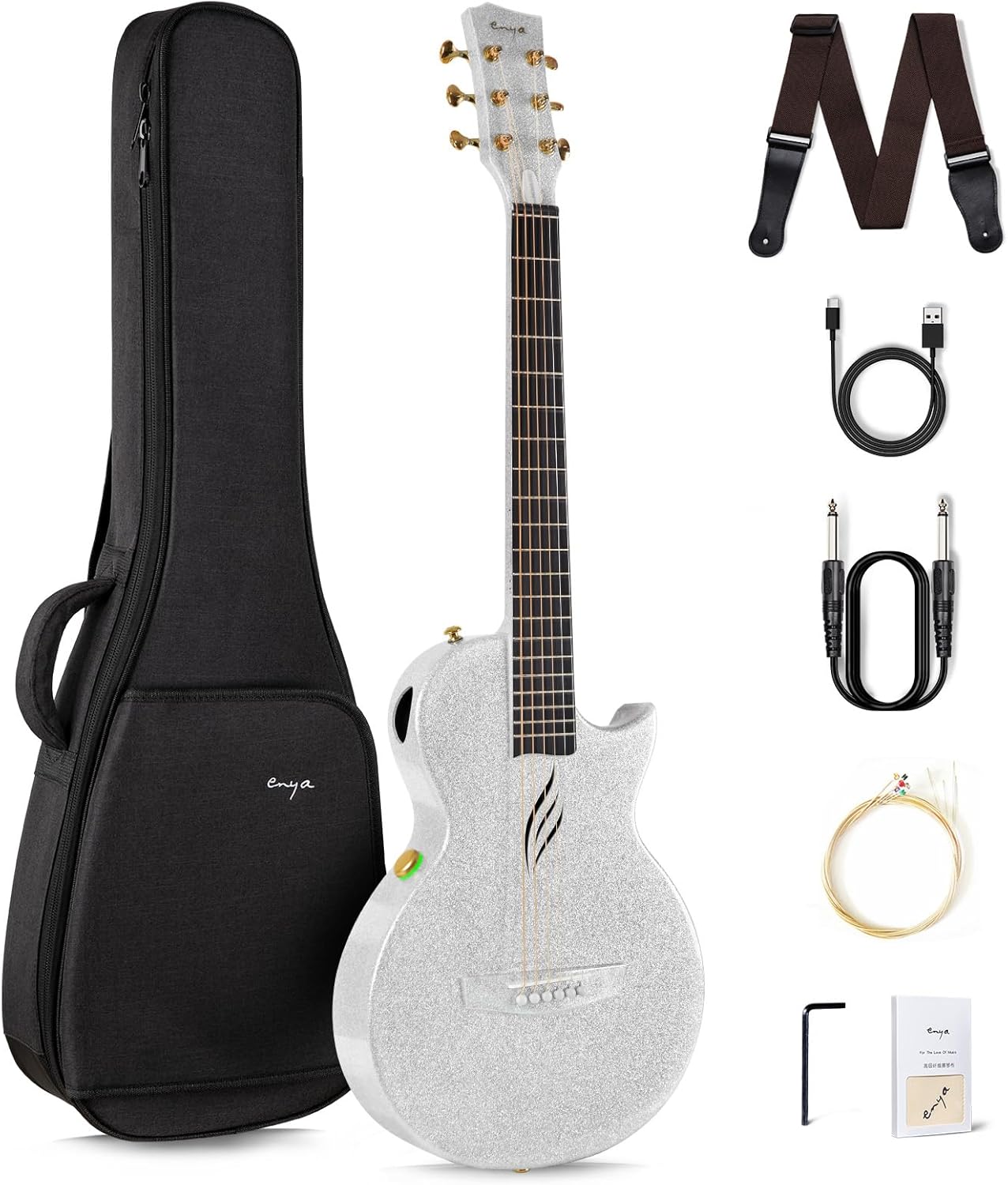 Enya NOVA Go SP1 Carbon Fiber Acoustic Electric Guitar with Smart AcousticPlus 35 Inch Travel Acustica Guitarra Starter Bundle Kit of Gig Bag, Strap, Strings, Instrument Cable(Sparkling Silver)