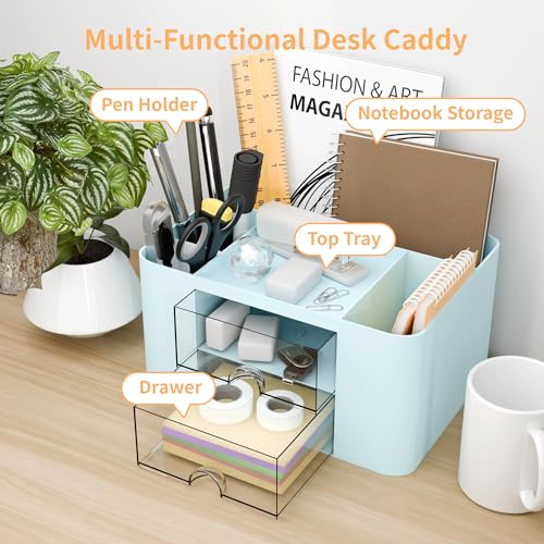Desk Organizer with 2 Drawer, Multi-Functional Pencil Pen Holder for Desk, Plastic Desk Organizers and Storage with 5 Compartments, Desktop Organizer for School Office Art Supplies (Blue)