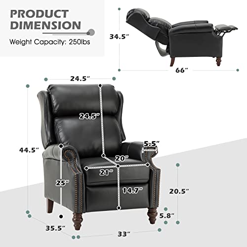 HULALA HOME Genuine Leather Manual Recliner,Push Back Recliner Chair with Solid Wood Legs, Wingback Recliner with Nailhead Trim,Armchair LazyBoy Sofa for Living Room,Home Theater,Turquoise