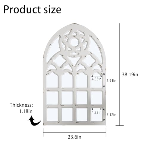 Arched Window Mirror, Big Wall Mirrors Decorative with Wood Framed,Large Retro Farmhouse Mirrors,Window Pane Mirror Decor for Kitchen Entryway Living Room Bedroom Bathroom White(23.6