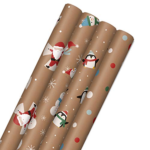Hallmark Christmas Wrapping Paper Bundle with Cut Lines on Reverse, Kraft (Pack of 4, 88 sq. ft. ttl) Red Trucks, Snowflakes, Stripes, Merry Christmas (5JXW1038)