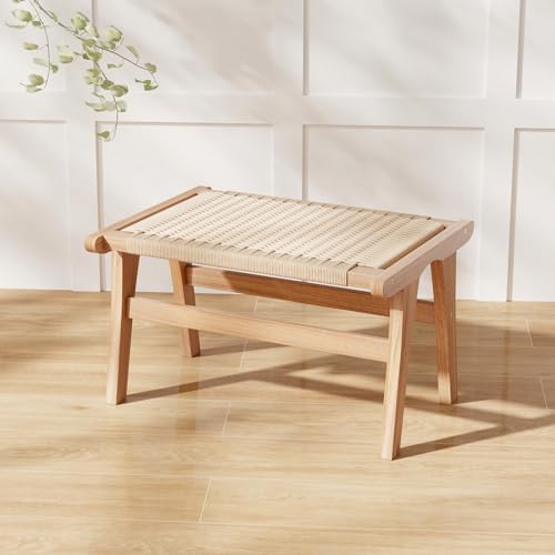 Tangkula Teak Wood Ottoman Footstool, Natural Teak Wooden Foot Rest with Braided Rope for Living Room Bedroom Office, 14